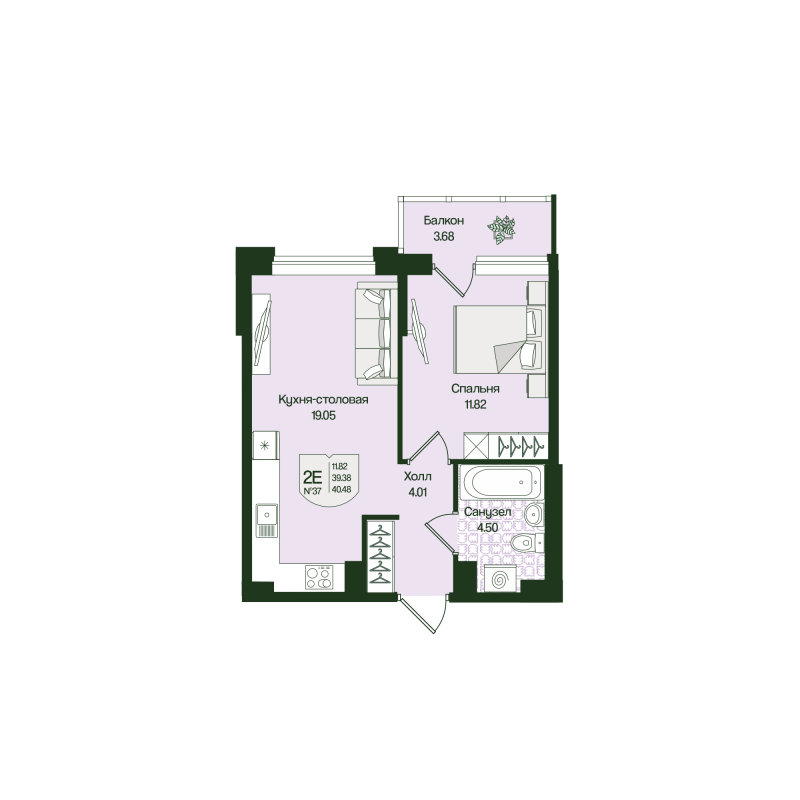2 ккв (Евро) 40,5 м²