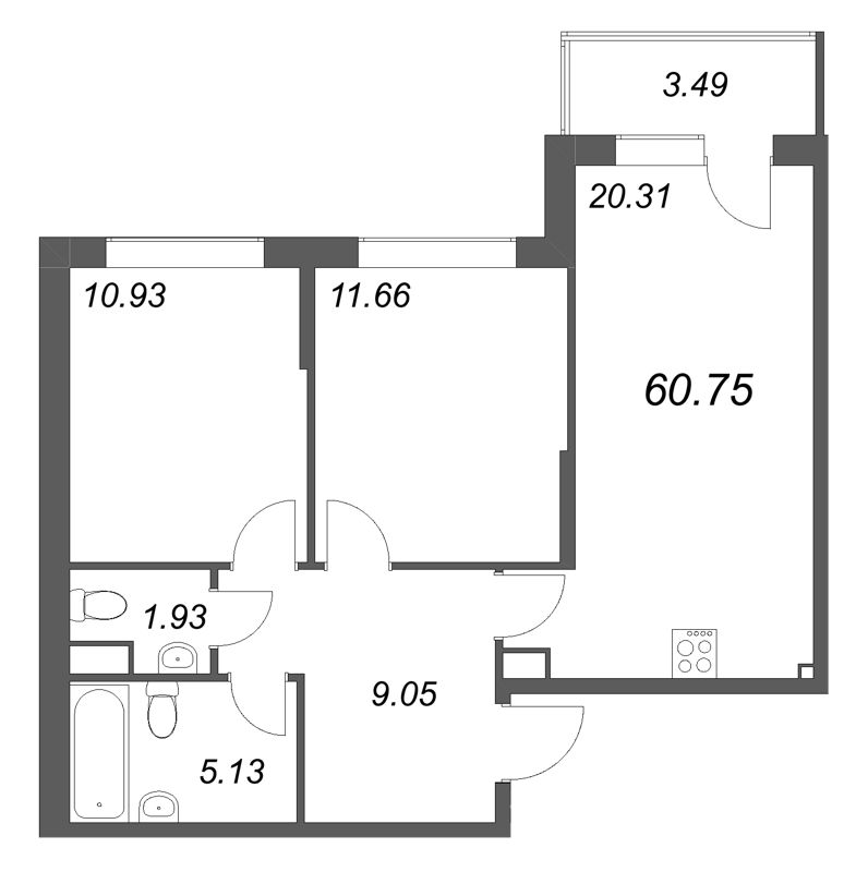 3 ккв (Евро) 60,8 м²