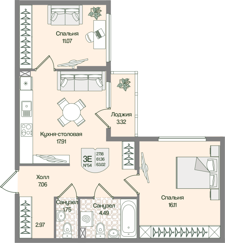 3 ккв (Евро) 63 м²