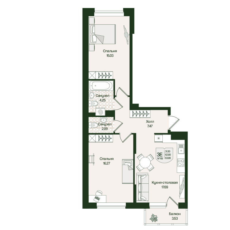 3 ккв (Евро) 63,9 м²
