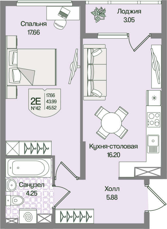 2 ккв (Евро) 45,5 м²