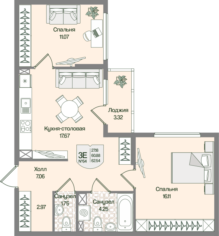 3 ккв (Евро) 62,5 м²