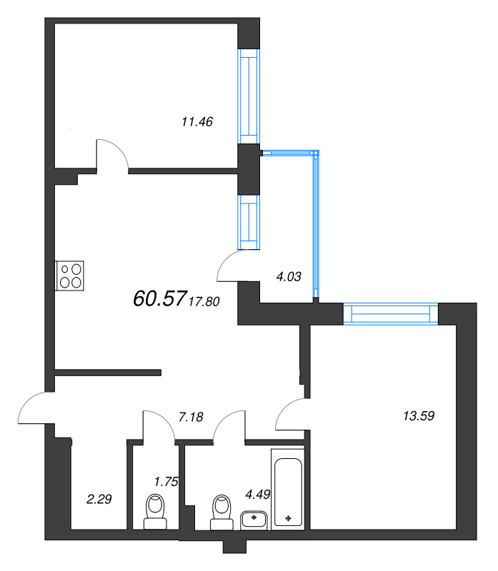 3 ккв (Евро) 60,6 м²
