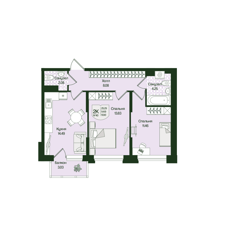 2 ккв 55,1 м²