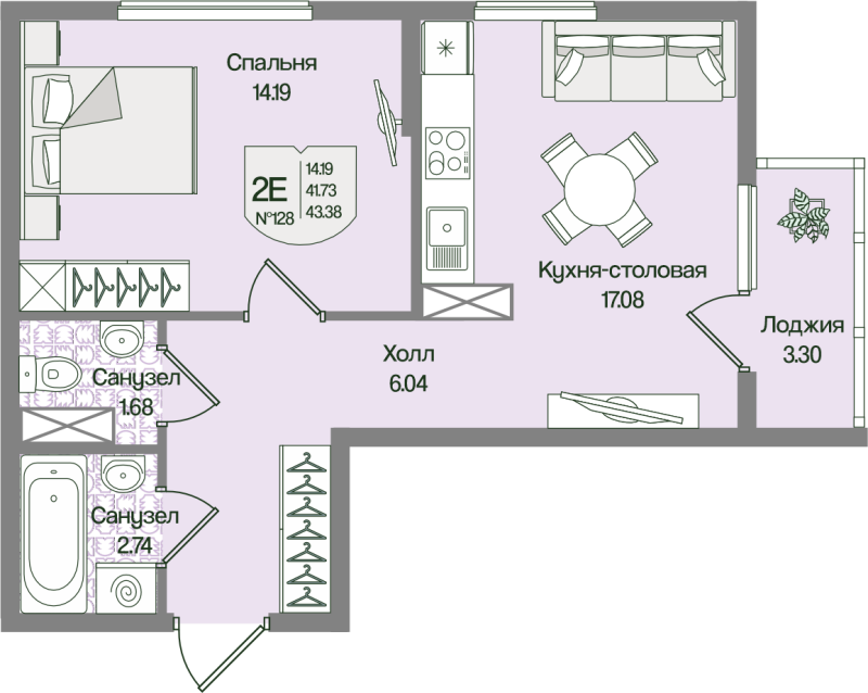 2 ккв (Евро) 43,4 м²