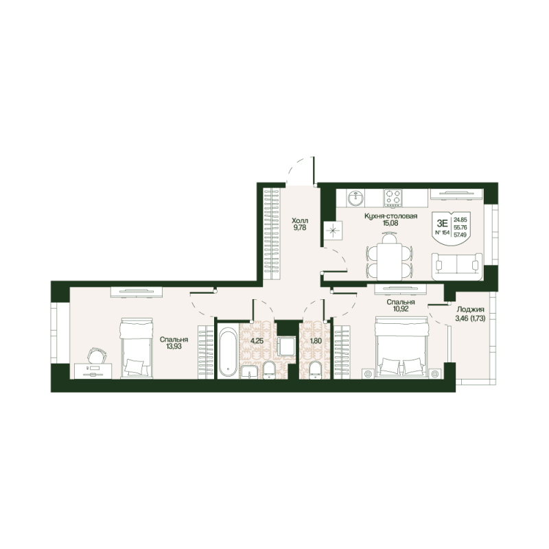 3 ккв (Евро) 55,8 м²