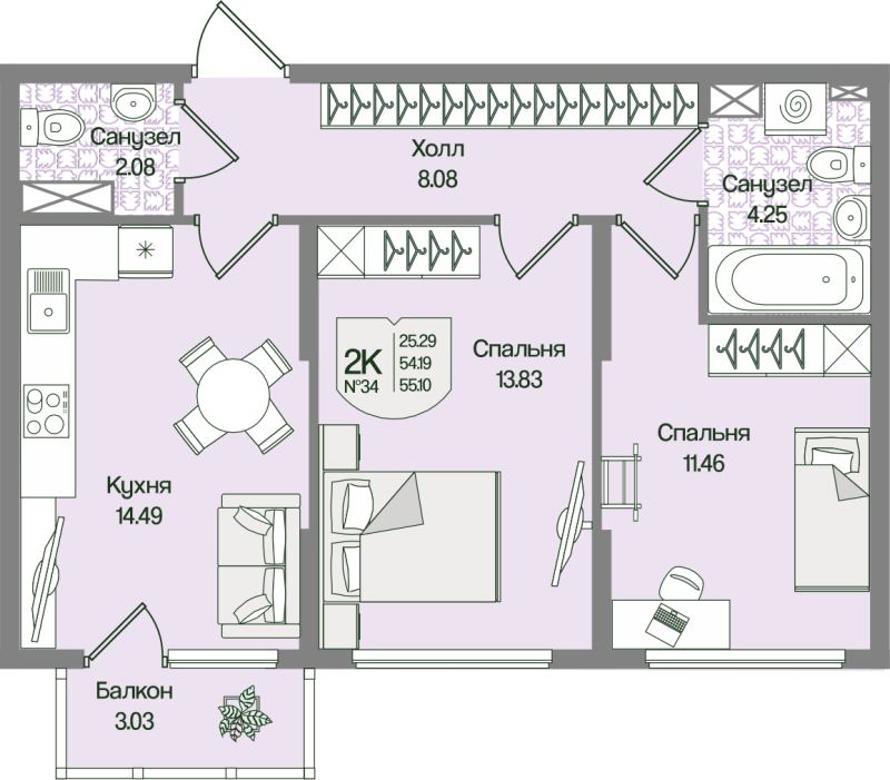 2 ккв 55,1 м²