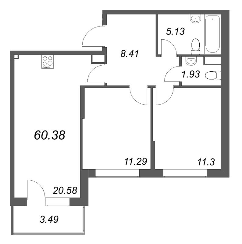 3 ккв (Евро) 60,4 м²