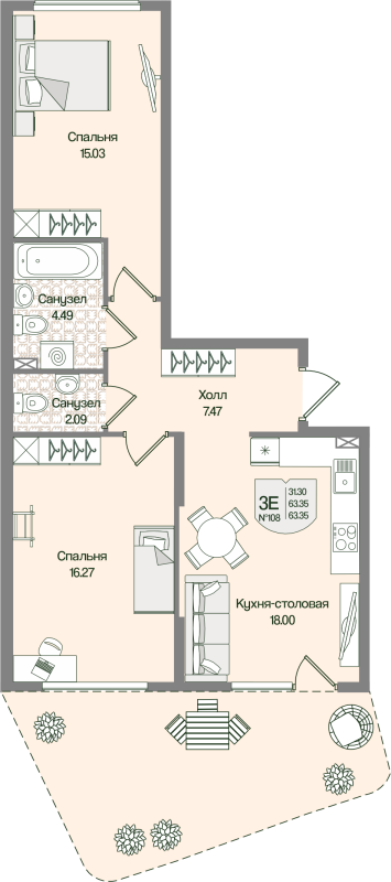 3 ккв (Евро) 63,4 м²