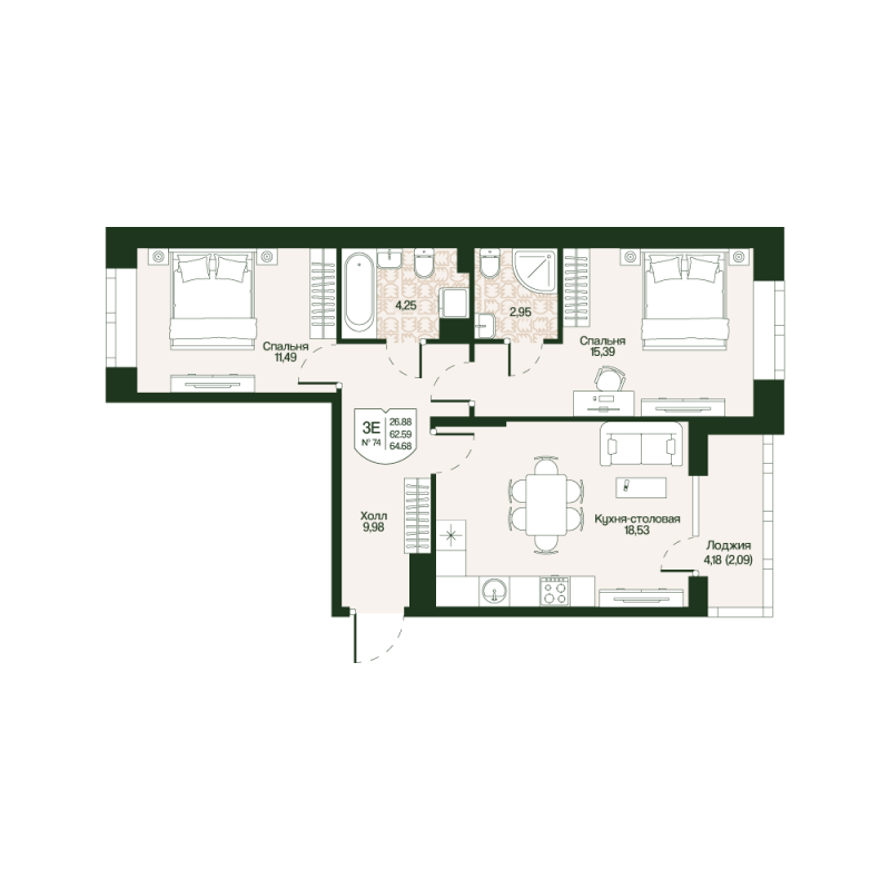 3 ккв (Евро) 62,6 м²