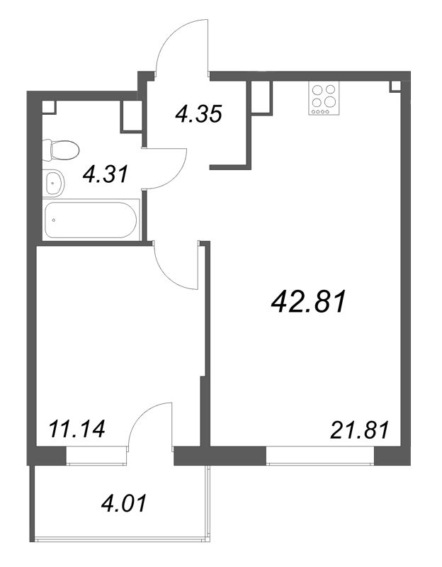 2 ккв (Евро) 42,8 м²
