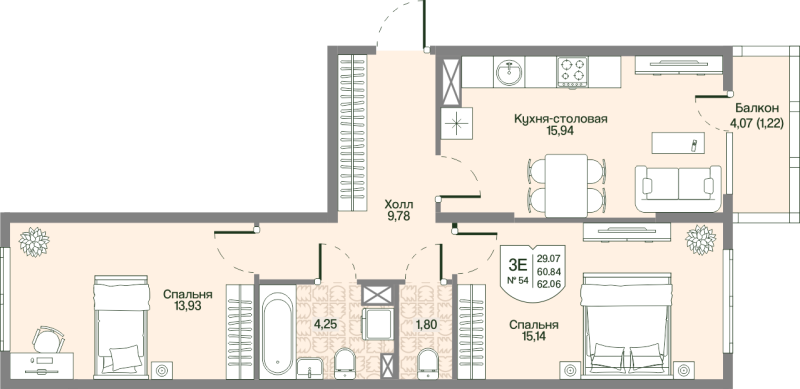 3 ккв (Евро) 60,8 м²