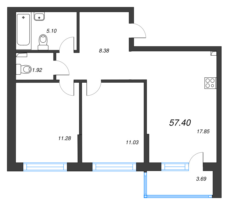 3 ккв (Евро) 57,4 м²