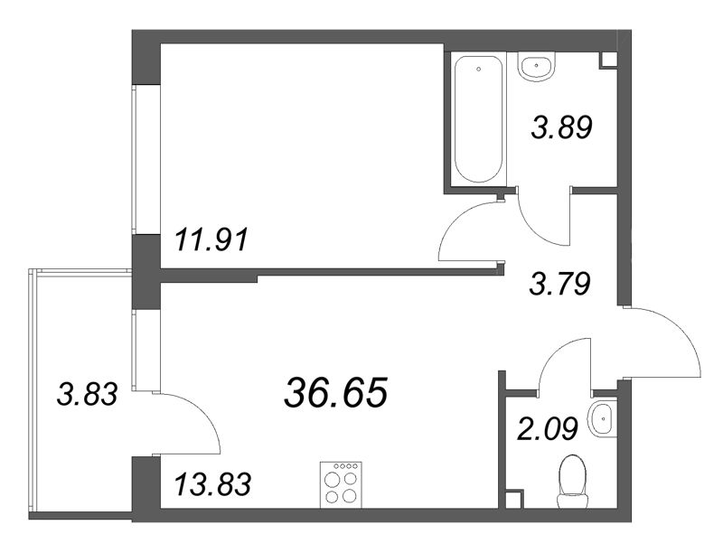 1 ккв 36,7 м²