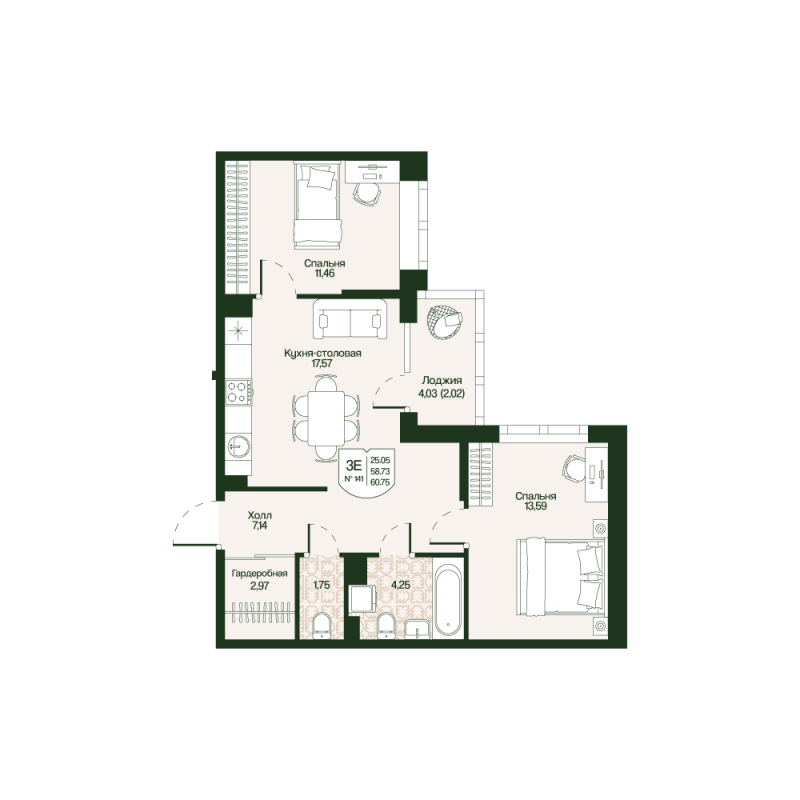 3 ккв (Евро) 58,7 м²