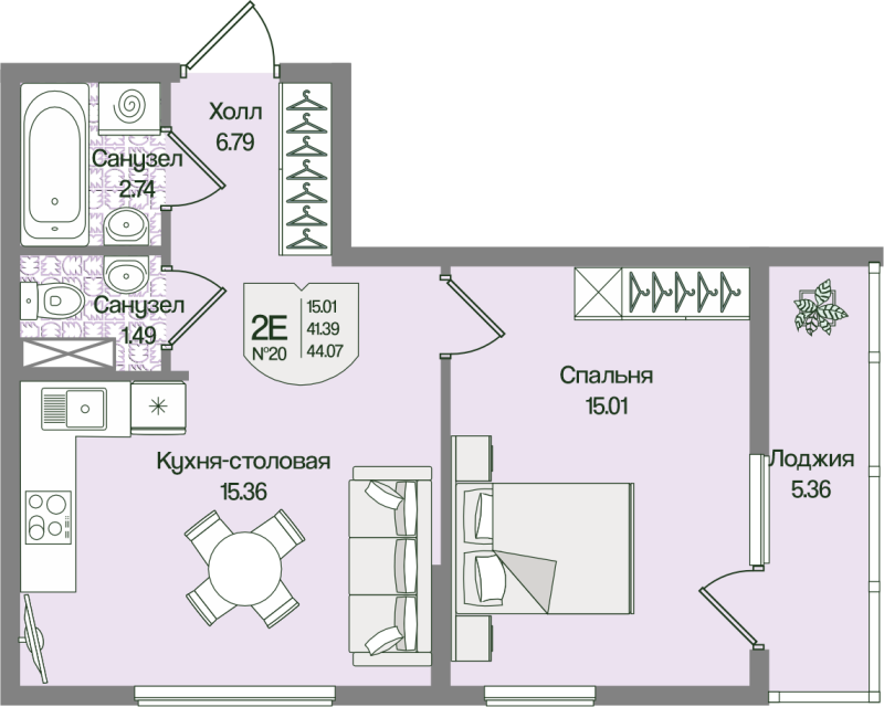 2 ккв (Евро) 44,1 м²