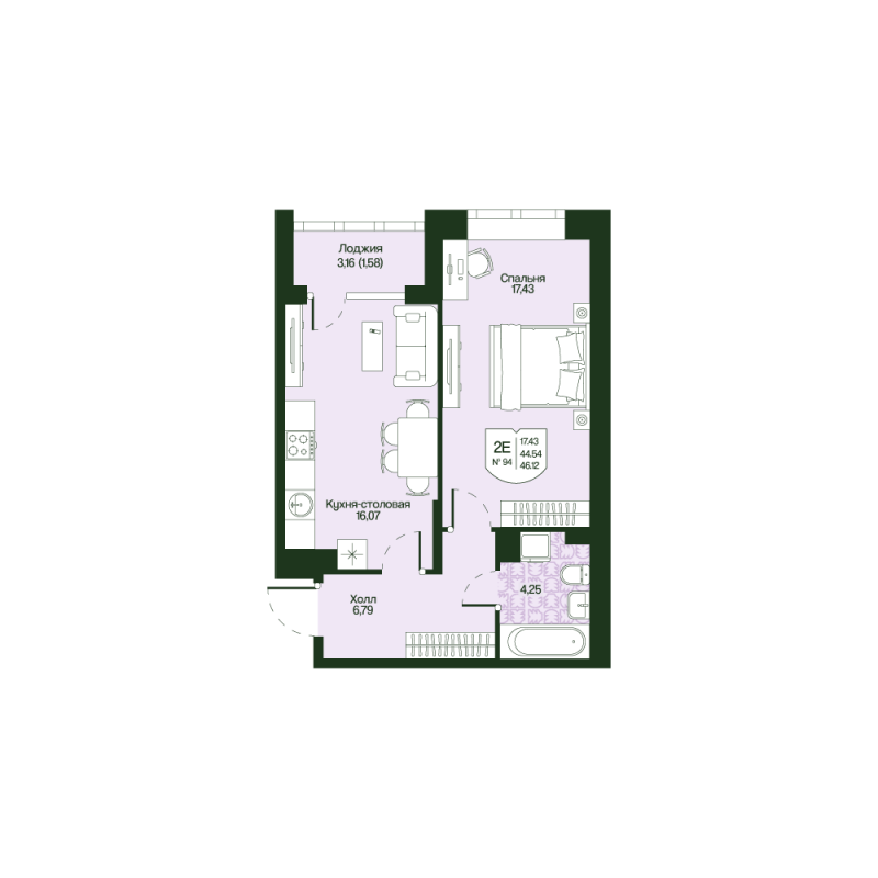 2 ккв (Евро) 44,5 м²