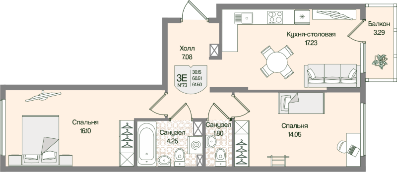 3 ккв (Евро) 61,5 м²