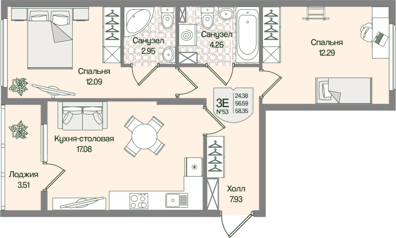 3 ккв (Евро) 58,4 м²