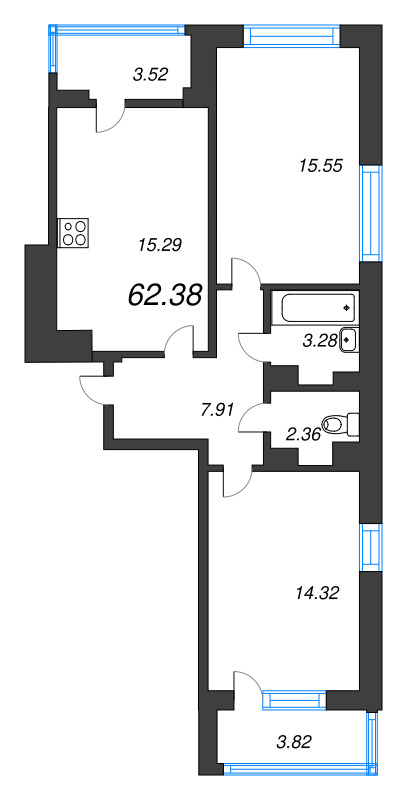 3 ккв (Евро) 62,4 м²
