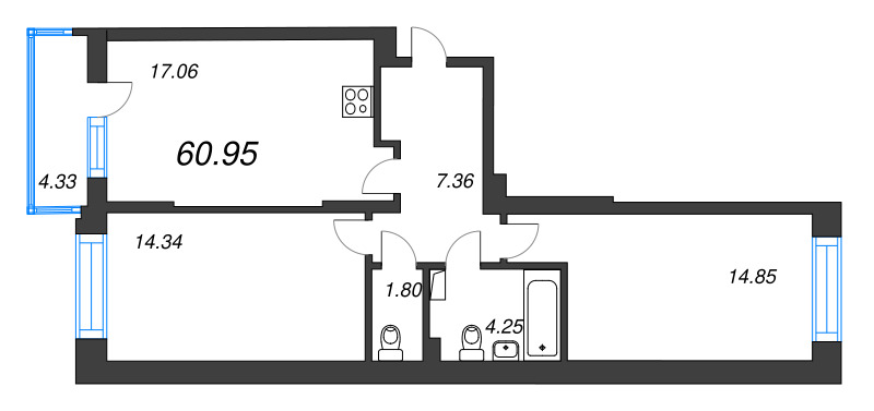 3 ккв (Евро) 61 м²