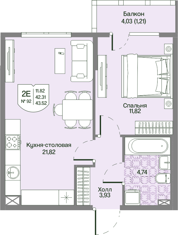 2 ккв (Евро) 42,3 м²