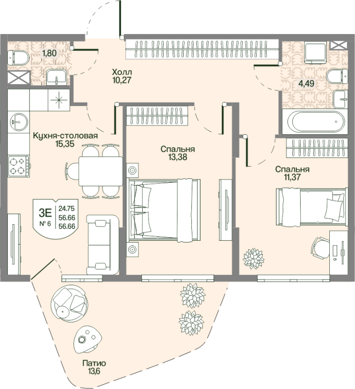 3 ккв (Евро) 56,7 м²