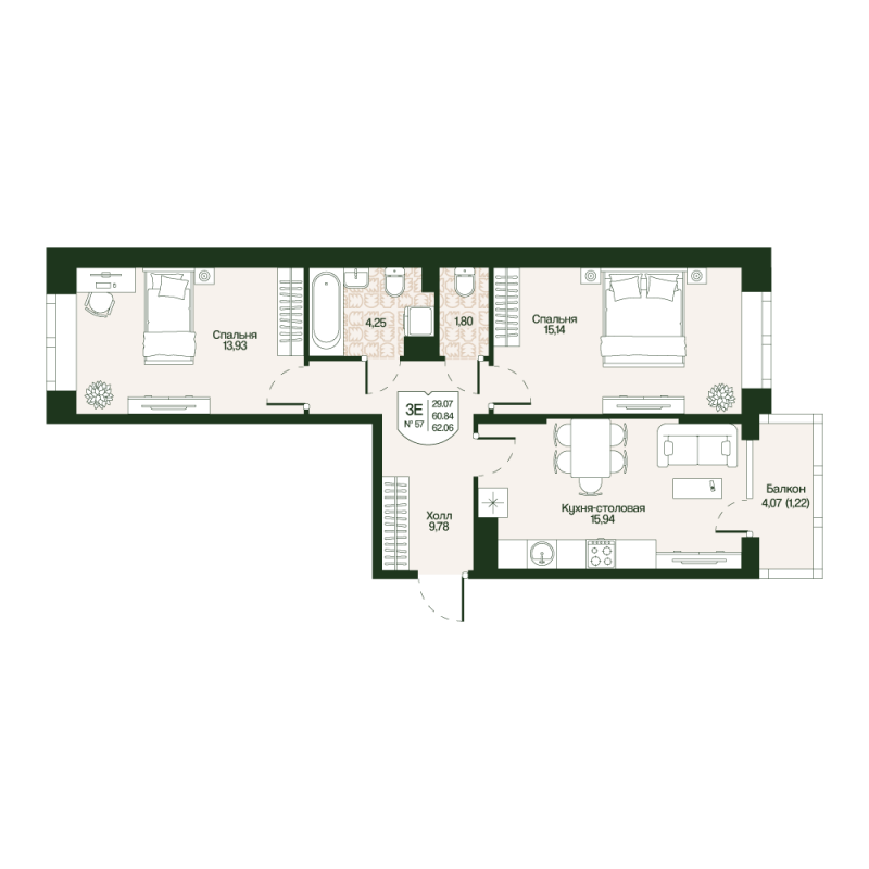3 ккв (Евро) 60,8 м²