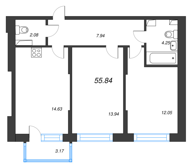 2 ккв 55,8 м²