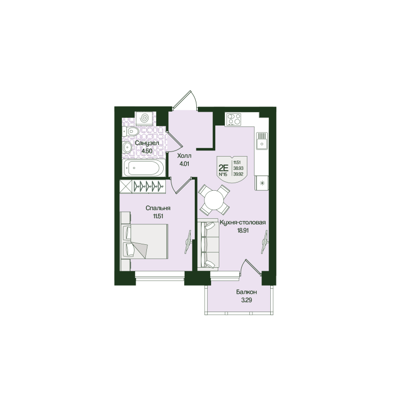 2 ккв (Евро) 39,9 м²