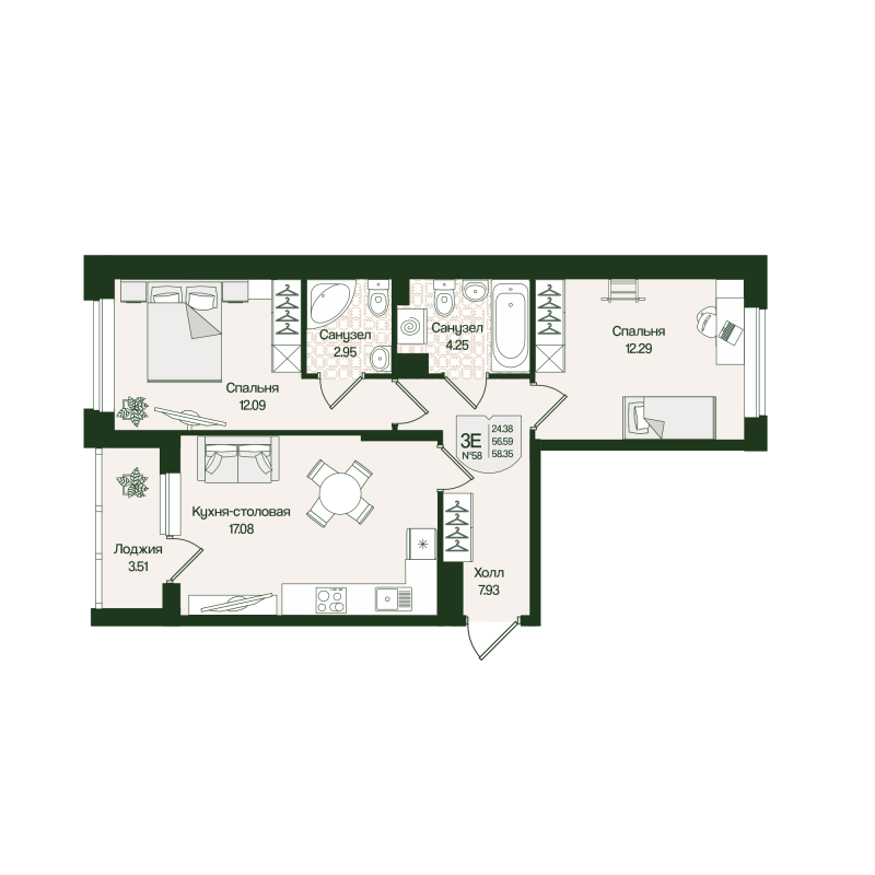 3 ккв (Евро) 58,4 м²