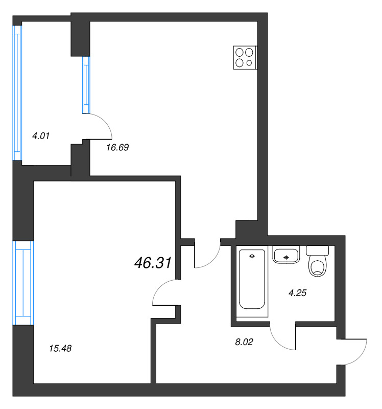 2 ккв (Евро) 46,3 м²