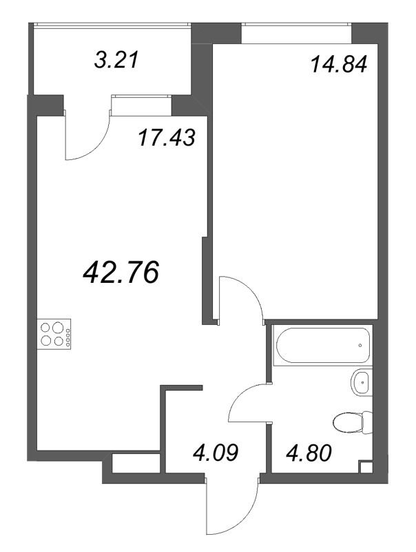 2 ккв (Евро) 42,8 м²
