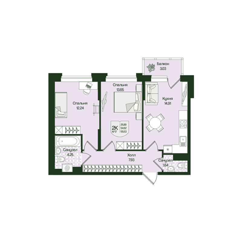 2 ккв 55,5 м²