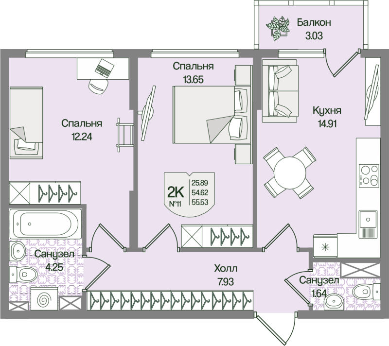 2 ккв 55,5 м²