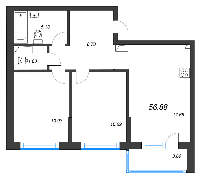 3 ккв (Евро) 56,9 м²