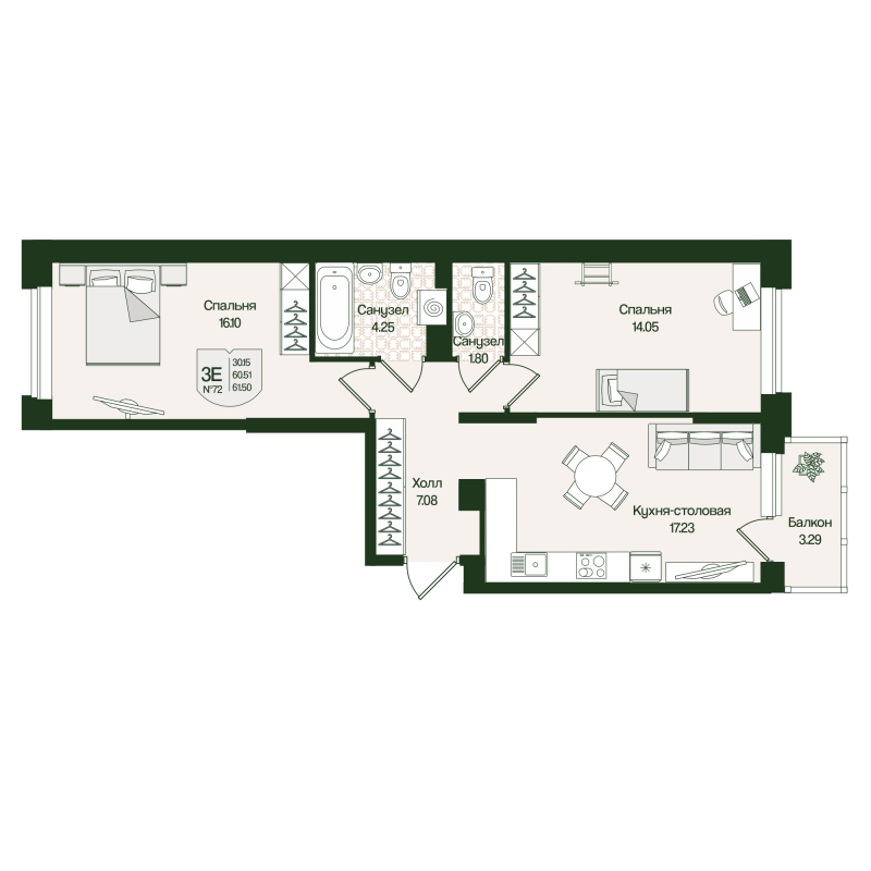 3 ккв (Евро) 61,5 м²
