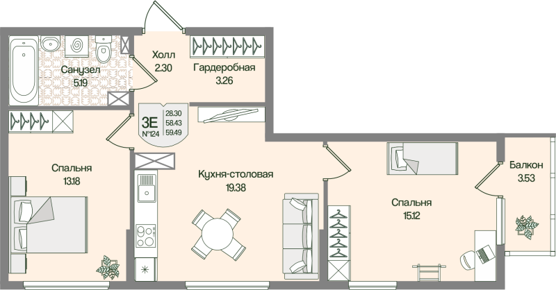 3 ккв (Евро) 59,5 м²