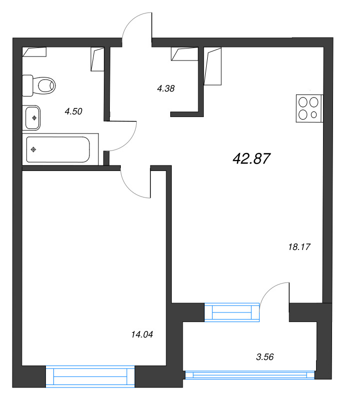 2 ккв (Евро) 42,9 м²