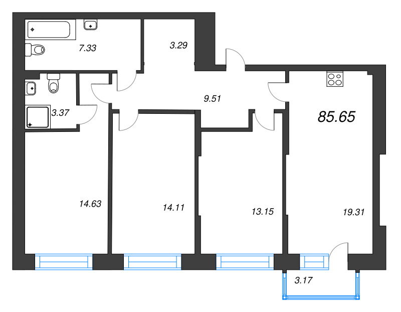 4 ккв (Евро) 85,7 м²