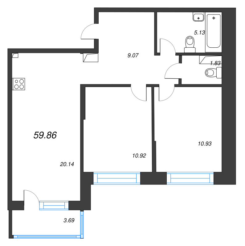 3 ккв (Евро) 59,9 м²