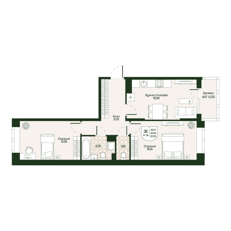 3 ккв (Евро) 60,8 м²