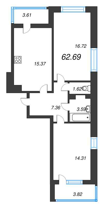 3 ккв (Евро) 62,7 м²