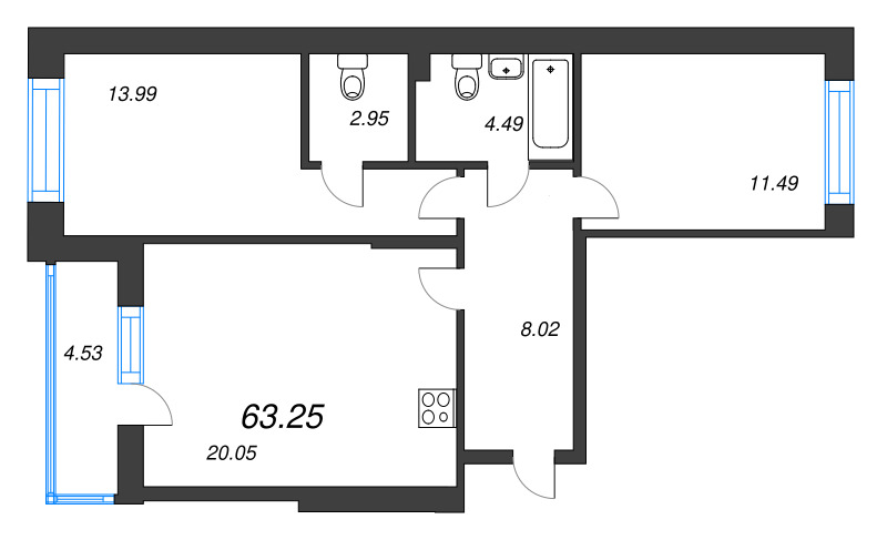 3 ккв (Евро) 63,3 м²