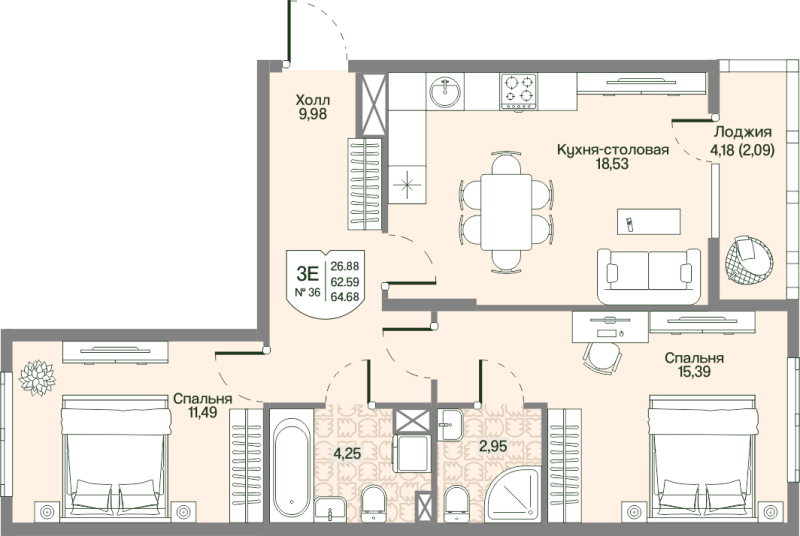 3 ккв (Евро) 62,6 м²