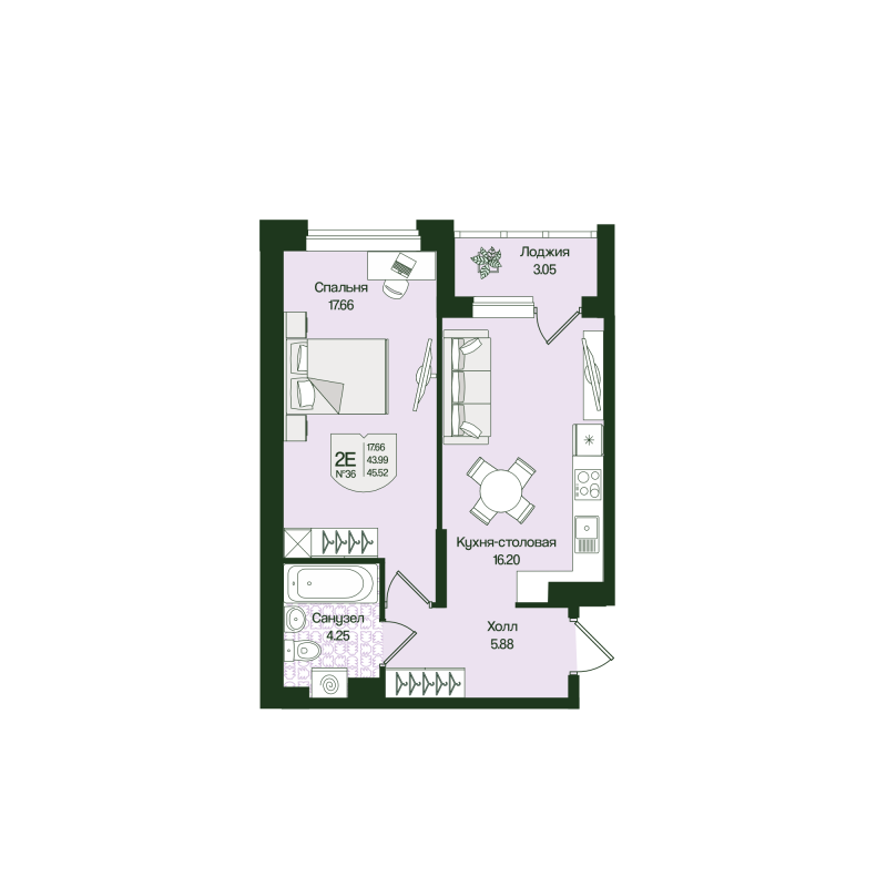 2 ккв (Евро) 45,5 м²