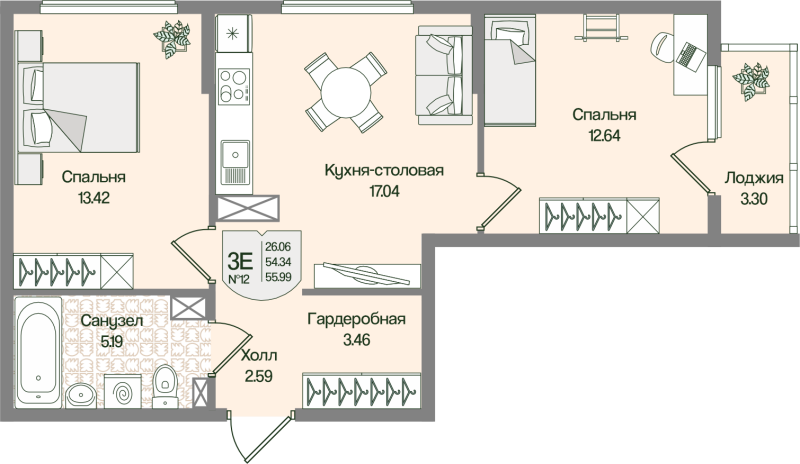 3 ккв (Евро) 56 м²
