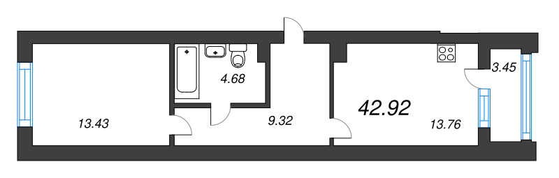 2 ккв (Евро) 42,9 м²