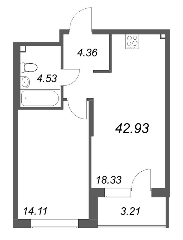 2 ккв (Евро) 42,9 м²