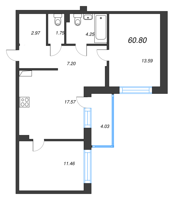 3 ккв (Евро) 60,8 м²